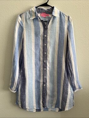 Island Company 100% Linen Blue White Striped Button Front Shirt XS Coverup